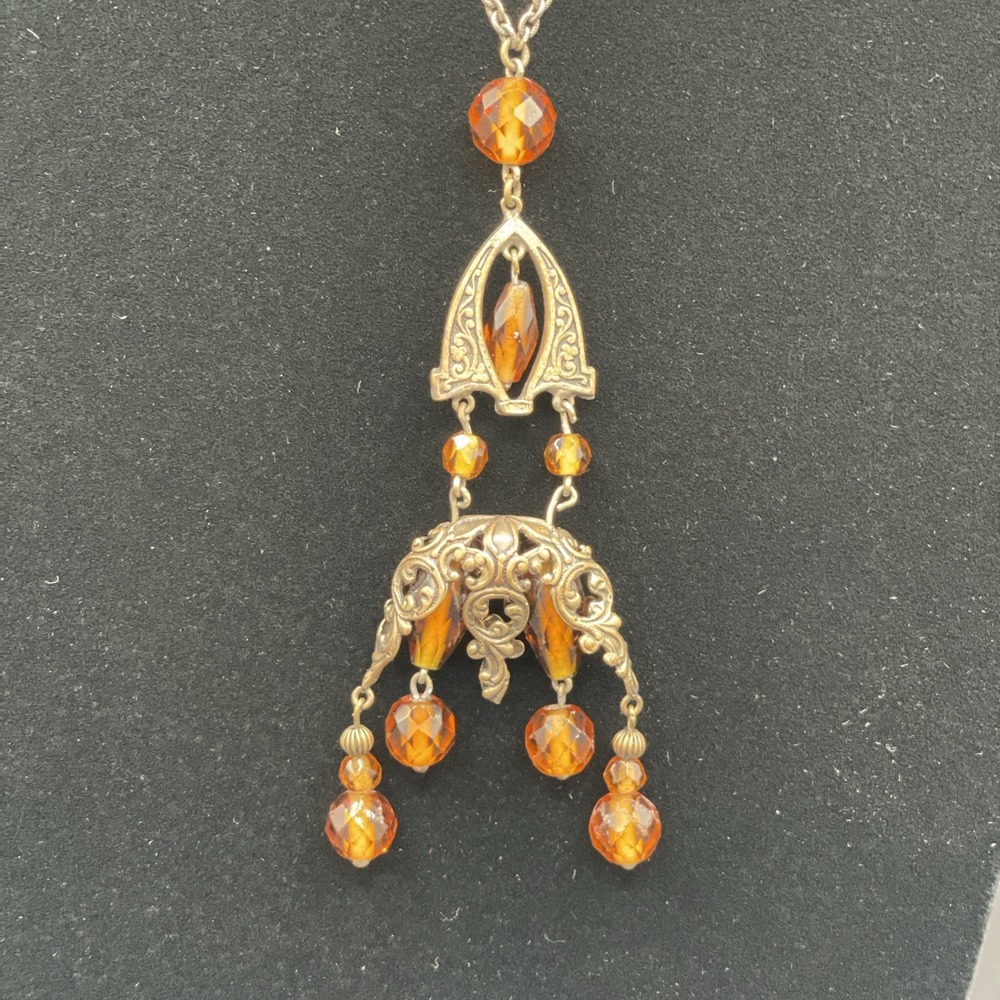 Antique c1920's Art Deco Czech Amber Glass Brass Filigree Flapper Necklace 40" - Picture 2 of 11